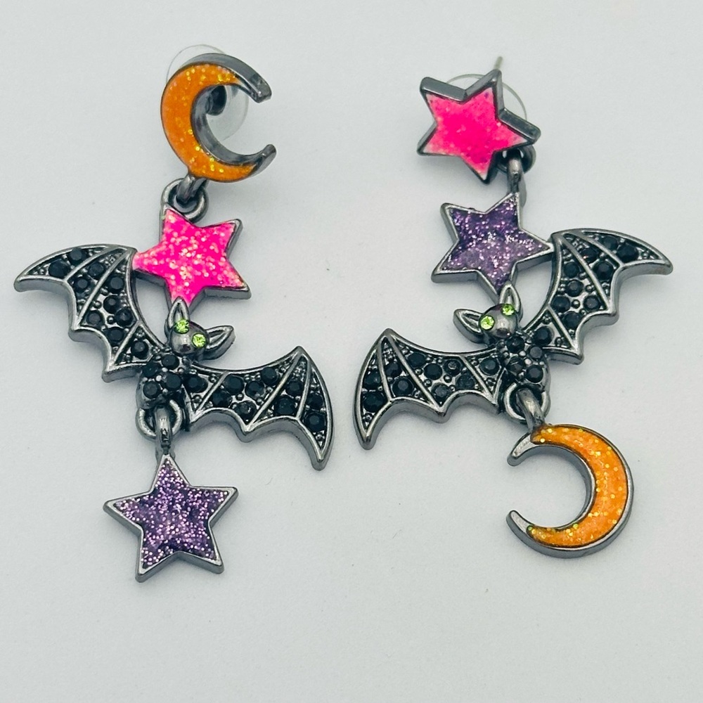Halloween Bat Dangle Earrings Rhinestone Glitter Black Orange Purple Moon Star